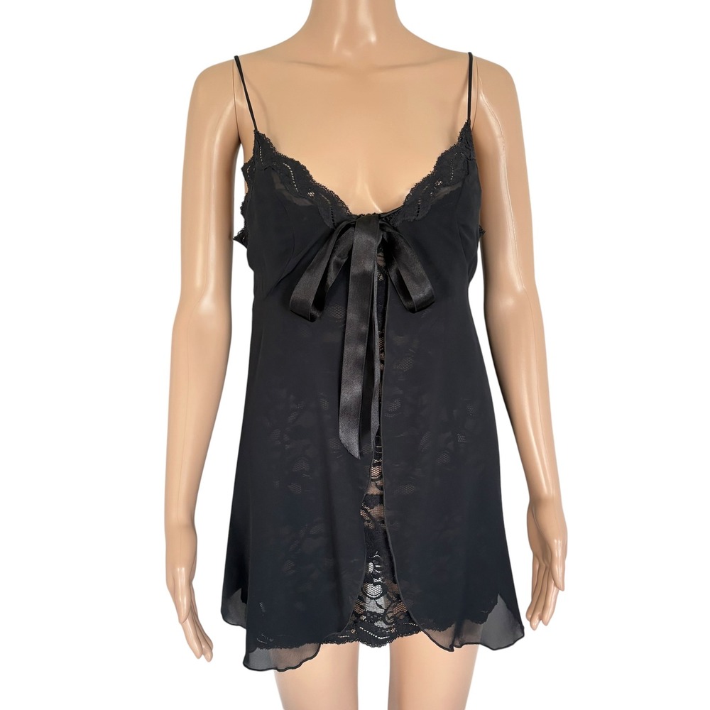 Victoria's Secret VTG Y2K Sheer Lace Floral Babydoll Slip M Dark Feminine Black